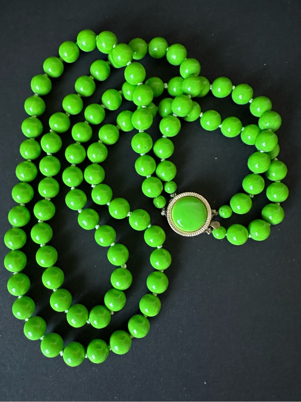 Vintage Apple Green Double Strand Round Beaded Necklace - Made in Japan